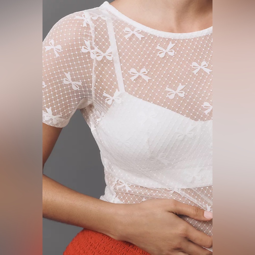 NWT By Anthropologie Bow Motif Sheer Long Sleeve Top Ivory S
